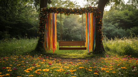 A rustic wooden swing hangs from a tree in a peaceful meadow, adorned with colorful yarns, surrounded by blooming flowers as the sun sets in the background.の素材