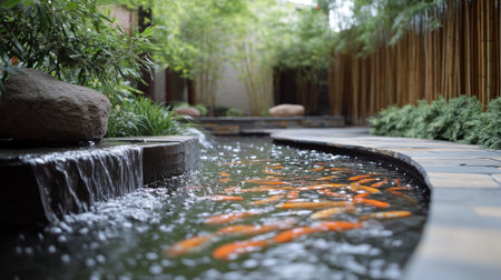 Vibrant koi fish glide through a tranquil pond, while surrounding bamboo and foliage create a peaceful atmosphere in a Japanese garden.の素材