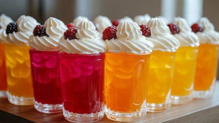 A vibrant features display assorted gelatin desserts in clear cups, each topped with whipped cream and colorful fruit jellies, creating a tempting treat for visitors at a dessert shop.の素材