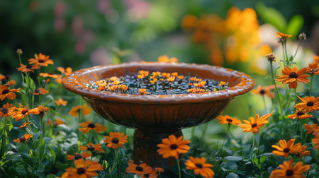 A colorful birdbath filled with water showcases floating petals, surrounded by bright orange and purple flowers in a sunny garden. Nature flourishes in this serene environment.の素材