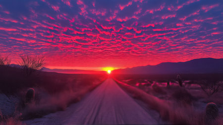 A stunning sunset unfolds over distant mountains, casting a brilliant display of orange and red hues across the sky. The tranquil landscape is filled with tall grass and shadows.の素材