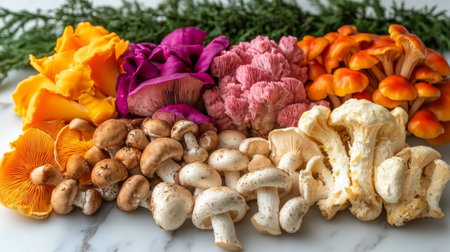 A vibrant collection of various types of mushrooms, including yellow and orange varieties, arranged neatly on a kitchen counter alongside fresh herbs, showing off their natural beauty.の素材