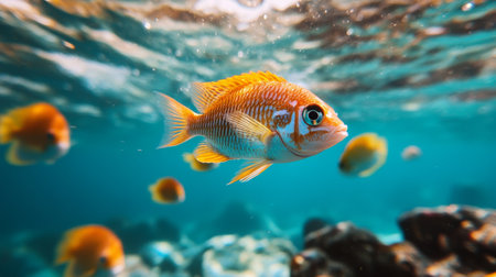 Groups of vibrant orange and blue fish navigate through crystal clear ocean waters near a coral reef, with light filtering down from above.の素材