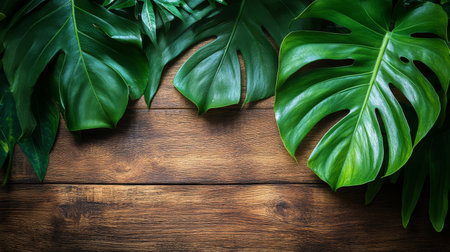 A vibrant green leaf is displayed on a textured wooden background, highlighting its intricate shapes and the contrast between the leaf and the rustic wood grain.の素材