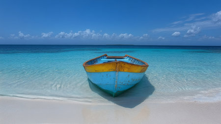 A colorful wooden boat sits on the white sandy beach, partially in the clear turquoise water. The bright blue sky features a few fluffy clouds, creating a serene atmosphere.の素材
