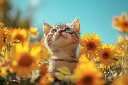 A playful kitten sits among vibrant sunflowers, gazing curiously upwards towards a clear blue sky. The scene captures the essence of a cheerful summer day.の素材
