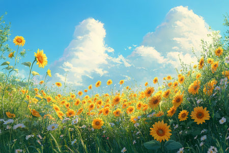 A playful kitten sits among vibrant sunflowers, gazing curiously upwards towards a clear blue sky. The scene captures the essence of a cheerful summer day.の素材