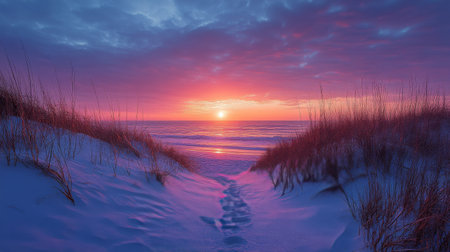 The sun dips below the horizon, casting vibrant colors in the sky, as gentle waves lap against the shoreline framed by frosty grass. A serene winter evening unfolds.の素材