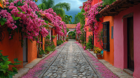 A serene cobblestone street adorned with vibrant pink bougainvillea and lush greenery creates a picturesque atmosphere in a charming neighborhood during daylight.の素材