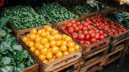 A vibrant fruit market showcases a variety of fresh produce including oranges, apples, and pineapples. This bustling market is located in a scenic rural area surrounded by greenery.の素材
