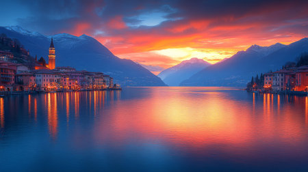 Calm lake water mirrors surrounding mountains and a clear sky, creating a peaceful atmosphere in this scenic location during daylight.の素材