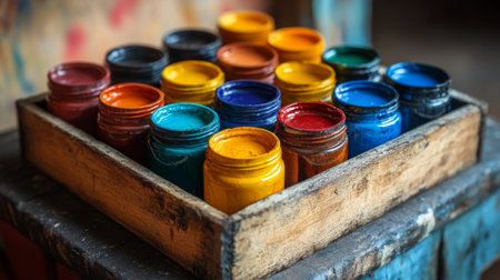 Brightly colored paint jars are neatly arranged in a rustic wooden box, showing a variety of hues for artistic projects. This setup inspires creativity and imagination.の素材