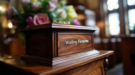 A beautifully crafted wooden box adorned with vibrant flowers is placed on a rustic table. The box is labeled Wedding Memories, perfect for keepsakes from a special day.の素材