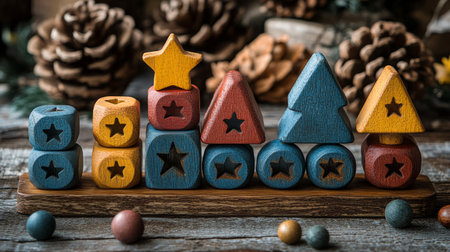 Brightly colored building blocks are stacked in various arrangements on a wooden table. The cozy playroom setting includes soft furniture and colorful decor, ideal for creative play.の素材