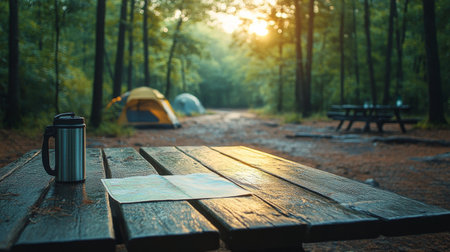 A wooden picnic table is set with a thermos, a map, and camping gear. In the background, two tents are pitched under tall trees, surrounded by lush greenery in a misty atmosphere.の素材