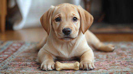 A young golden retriever puppy happily plays with a chew toy on a soft rug in a modern living room, showing its playful nature and cute expressions.の素材