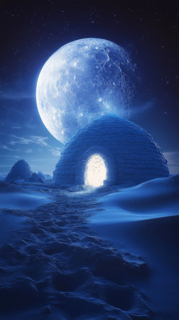 An igloo glows warmly against a backdrop of a dazzling star-filled sky. The tranquil winter environment evokes a sense of peace and isolation.の素材