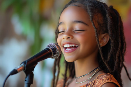 A young girl stands at a microphone, singing with enthusiasm under colorful stage lights. Her hair shines with a warm glow as she captivates the audience with her talent.の素材