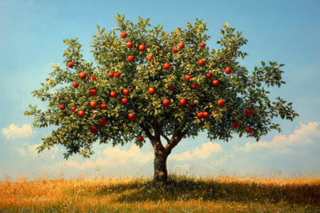 A lush apple tree stands proudly in a grassy field, adorned with bright red apples against a clear blue sky. The golden grass sways softly in the warm breeze.の素材