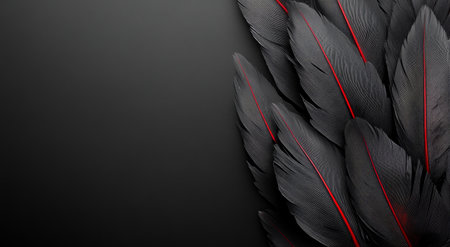 Black feathers with striking red edges are artistically arranged on a dark textured background, creating a sophisticated and modern aesthetic.の素材