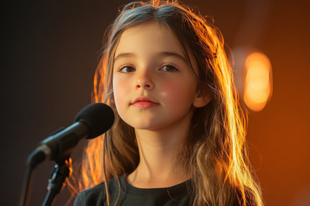 A young girl stands confidently at a microphone, surrounded by warm lighting. She appears focused and poised, ready to share her talent in front of an audience.の素材