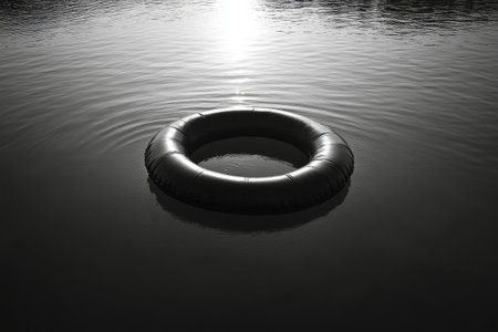 A tire floats on still water under a clear sky. The reflective surface creates a calming atmosphere, emphasizing tranquility and serenity in nature.の素材