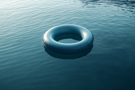 A tire floats on still water under a clear sky. The reflective surface creates a calming atmosphere, emphasizing tranquility and serenity in nature.の素材