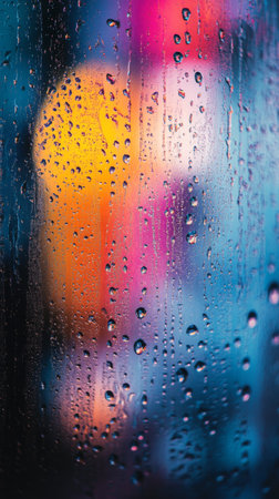 Raindrops cling to a window creating a blurred effect, revealing colorful lights from a busy urban environment at night, creating a cozy atmosphere.の素材