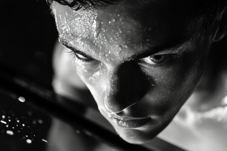 A young swimmer stars intensely, beads of sweat glistening on his forehead, highlighting his determination in the dimly lit training pool.の素材