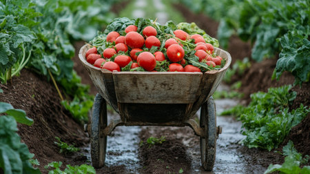 A wooden cart loaded with vibrant red tomatoes and green lettuce sits on rich, dark soil surrounded by growing vegetables under natural light.の素材