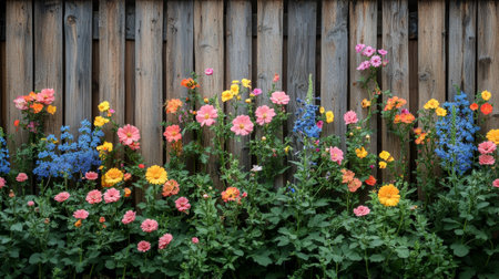 A wooden arbor covered in bright orange and red flowers creates a charming entrance to a tranquil garden. A simple bench beneath invites visitors to sit and enjoy nature.の素材