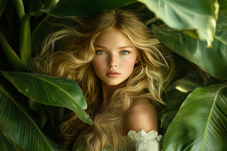 A young woman with flowing hair gazes thoughtfully among vibrant green leaves. The setting conveys a sense of tranquility and natural beauty, highlighting her features.の素材