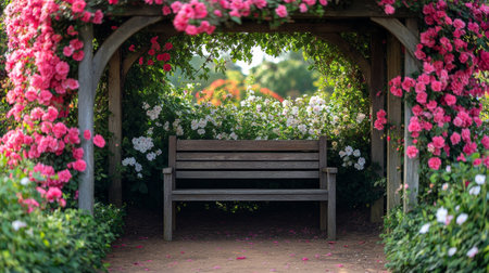 A wooden bench sits empty along a flower-lined path in a garden, surrounded by vibrant pink blooms. The springtime setting invites relaxation and contemplation under a colorful canopy.の素材