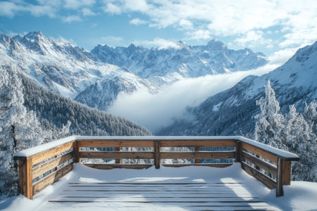 Wooden observation deck covered in snow offers a panoramic view of majestic mountains and a bright blue sky. Fluffy clouds add depth to the serene winter landscape.の素材