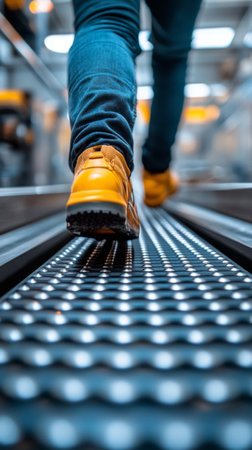 A person strides confidently on a moving walkway in a contemporary indoor area illuminated by overhead lights. The atmosphere exudes energy and motion.の素材