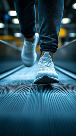 A person strides confidently on a moving walkway in a contemporary indoor area illuminated by overhead lights. The atmosphere exudes energy and motion.の素材