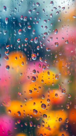 Raindrops cling to a window creating a blurred effect, revealing colorful lights from a busy urban environment at night, creating a cozy atmosphere.の素材