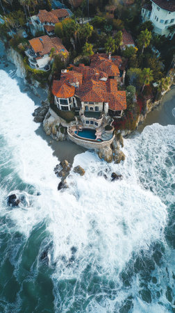Lush greenery and palm trees line a narrow tropical island as waves crash against the coastline. The sunlight highlights the vibrant landscape, creating a picturesque paradise.の素材