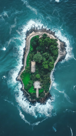 Lush greenery and palm trees line a narrow tropical island as waves crash against the coastline. The sunlight highlights the vibrant landscape, creating a picturesque paradise.の素材
