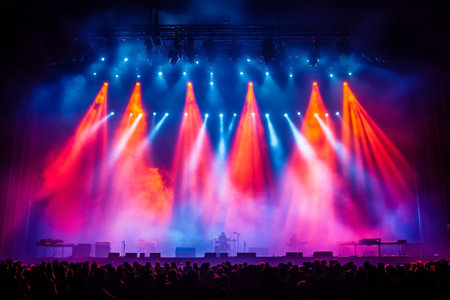 Vibrant pink and blue smoke fills the air in a lively venue as bright lights shine down, setting an exciting atmosphere for an upcoming performance.の素材