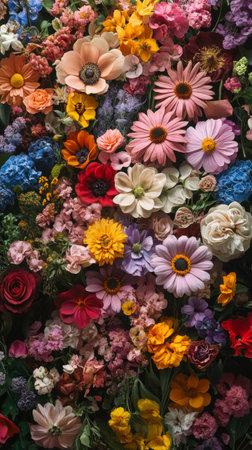 A colorful arrangement of different flowers, including daisies, marigolds, and violets, displayed in a flat lay style. The diverse petals create a stunning visual tapestry.の素材
