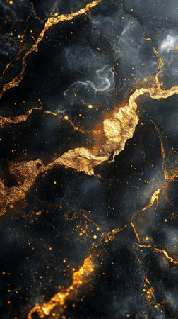 Textured surface features deep black and shimmering gold patterns, creating a striking contrast. This natural stone exhibits intricate veining, perfect for luxury designs and decor.の素材