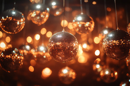 Shimmering disco balls hang from above, casting sparkling reflections in a lively venue filled with colorful lights and energetic vibes, perfect for dancing and celebration.の素材