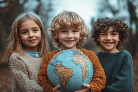 Three children stand in a forest holding a globe together, smiling joyfully. Their expressions reflect a sense of wonder and togetherness about the planet they explore.の素材