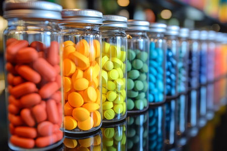 Brightly colored jars line a sleek surface, showing various shapes and sizes of tablets and capsules. This vibrant display invites curiosity and attention in a pharmacy.の素材