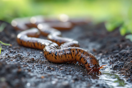 A close-up view showcases multiple millipedes moving along moist earth, surrounded by greenery on a bright spring day. Their segmented bodies glisten with moisture.の素材