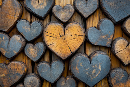 Numerous wooden heart shapes in different colors and finishes are displayed on a weathered wooden surface, highlighting artisanal craftsmanship and diverse textures.の素材