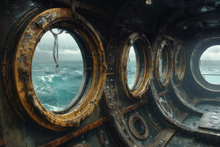 Luxurious seating lines the inside of a wooden boat with round windows offering views of the water and distant land. Sunlight illuminates the rich wood finish.の素材