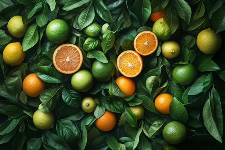 A variety of citrus fruits including oranges, limes, and lemons are displayed among green leaves. The arrangement highlights their bright colors and natural textures.の素材