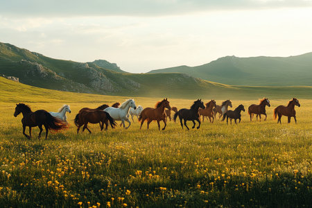 A group of horses gallops energetically across a green field, their manes flowing in the wind as they enjoy their freedom under a bright sky filled with clouds.の素材